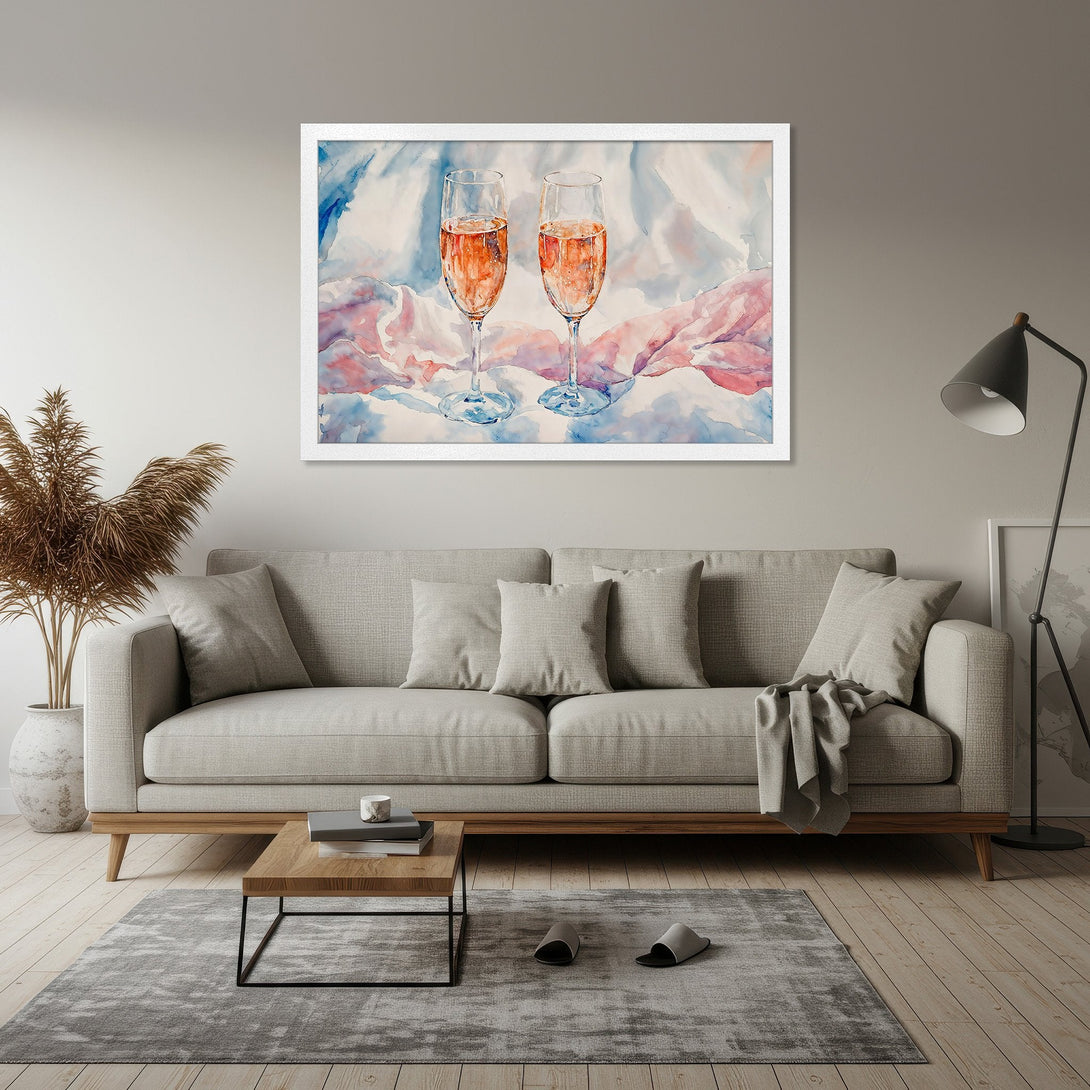 Framed Poster of champagne glasses, watercolor style, blue and pink hues, perfect for home decor.