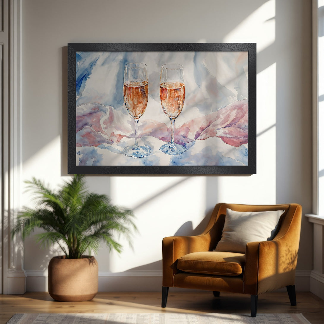 Framed Poster featuring watercolor champagne glasses in a soft blue, pink, and gold palette. Perfect wall art for your home!
