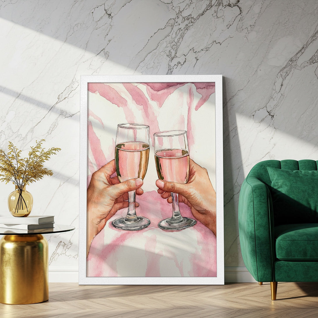 Framed Poster featuring a watercolor painting of champagne glasses, with a pink and white color palette. Perfect for adding a touch of elegance.