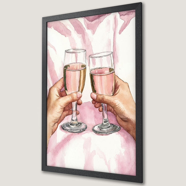 Framed Poster: Watercolor art of champagne glasses clinking. Pink and white color palette, romantic and elegant decor. Perfect gift!