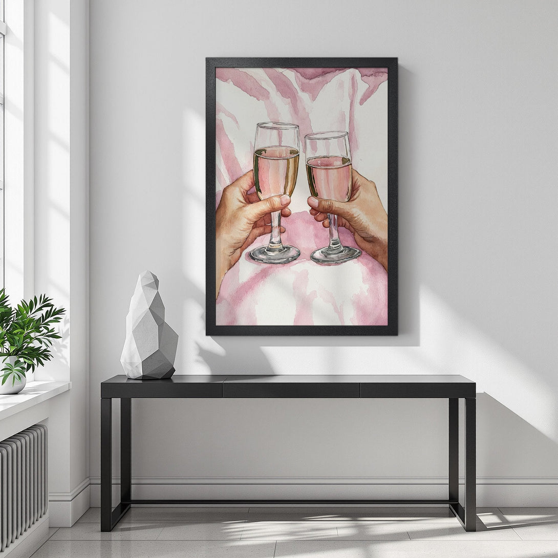 Framed Poster featuring watercolor art of champagne glasses, in a pink and white palette. Perfect wall decor!