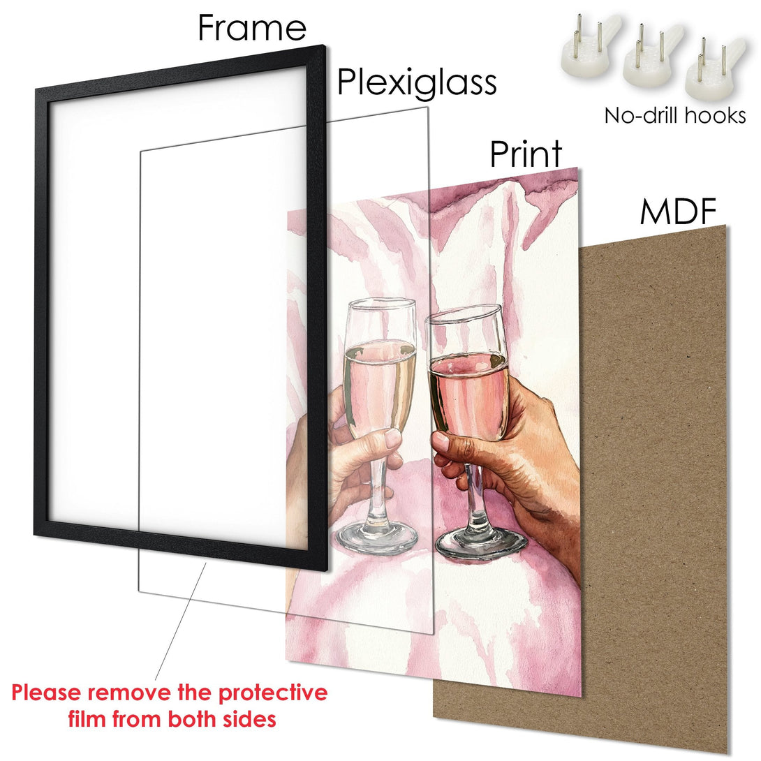 Framed Poster featuring watercolor art of champagne glasses in a pink and white palette. Perfect wall art for your home!