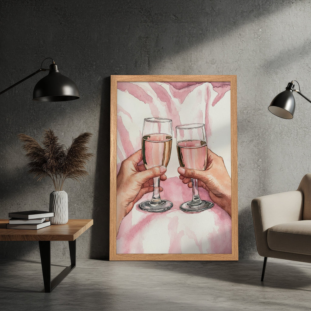 Framed Poster featuring a watercolor painting of champagne glasses. Soft pink and white color palette, elegant style. Perfect wall art!
