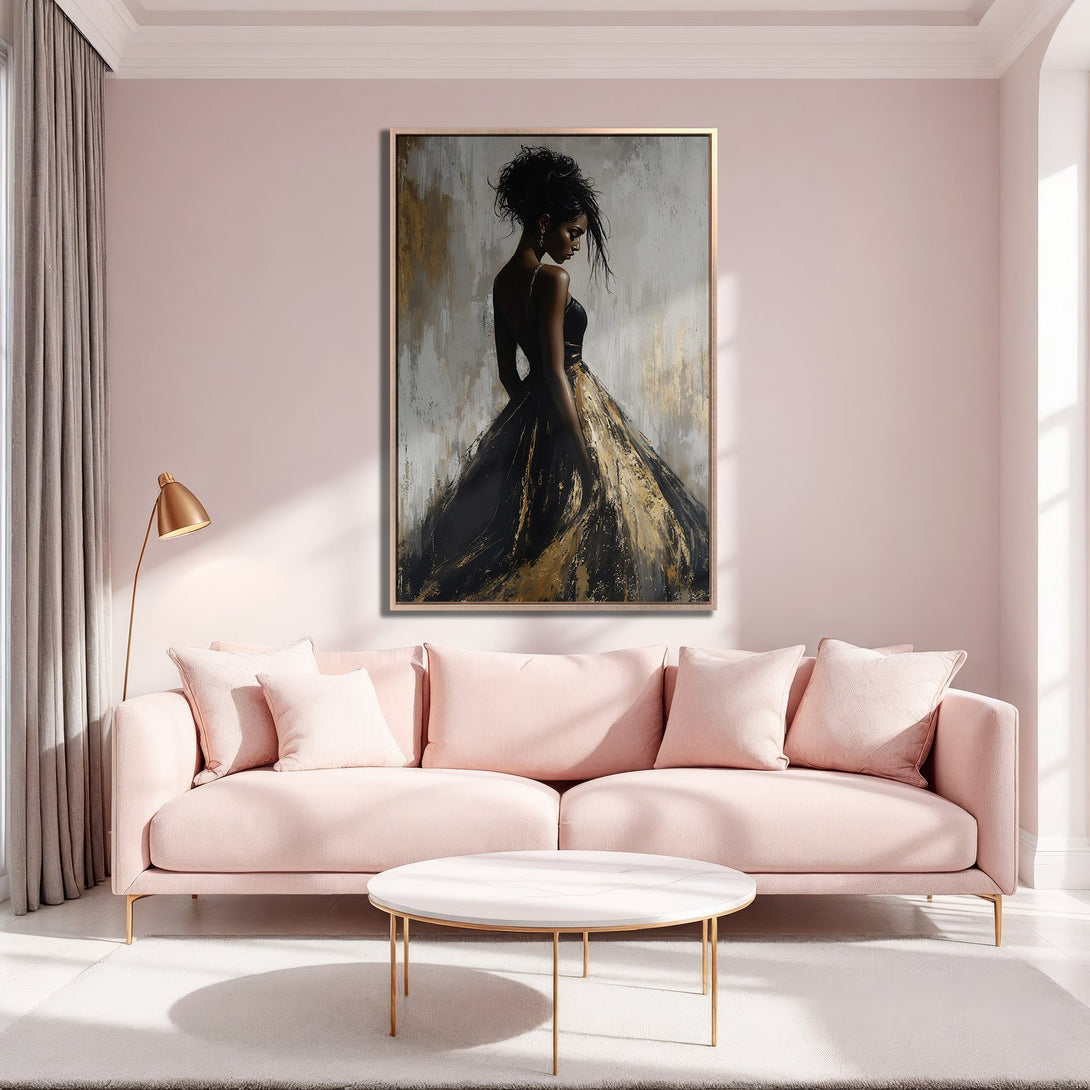 Framed Wall Art: Elegant woman in black and gold dress. Abstract style, soft pink and gold color palette. Perfect for modern home decor.