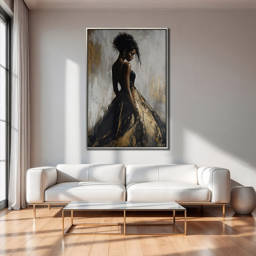 Framed Wall Art of elegant woman in black and gold dress. Modern abstract style with neutral color palette. Perfect for living room decor.