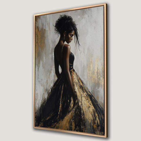 Framed Wall Art: Elegant woman in black & gold dress. Abstract style, neutral & metallic color palette. Perfect for modern home decor.