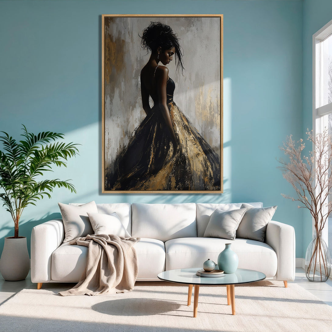 Framed Wall Art of elegant woman in black and gold dress. Modern abstract style, neutral and teal color palette. Perfect for living room decor.