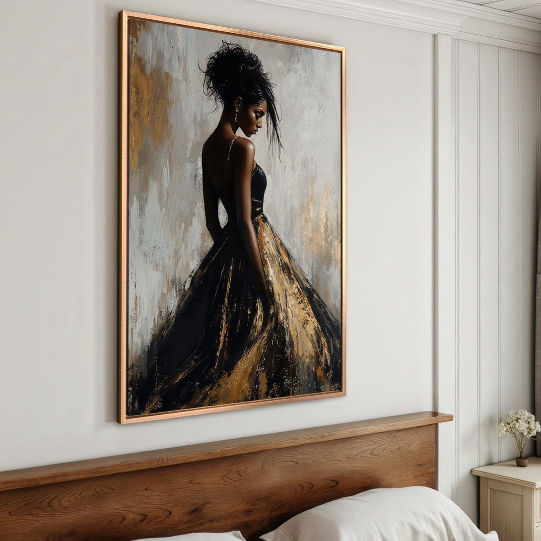 Framed Wall Art: Elegant woman in black and gold dress, abstract style, displayed in a bedroom. Adds a touch of luxury and art to your space.