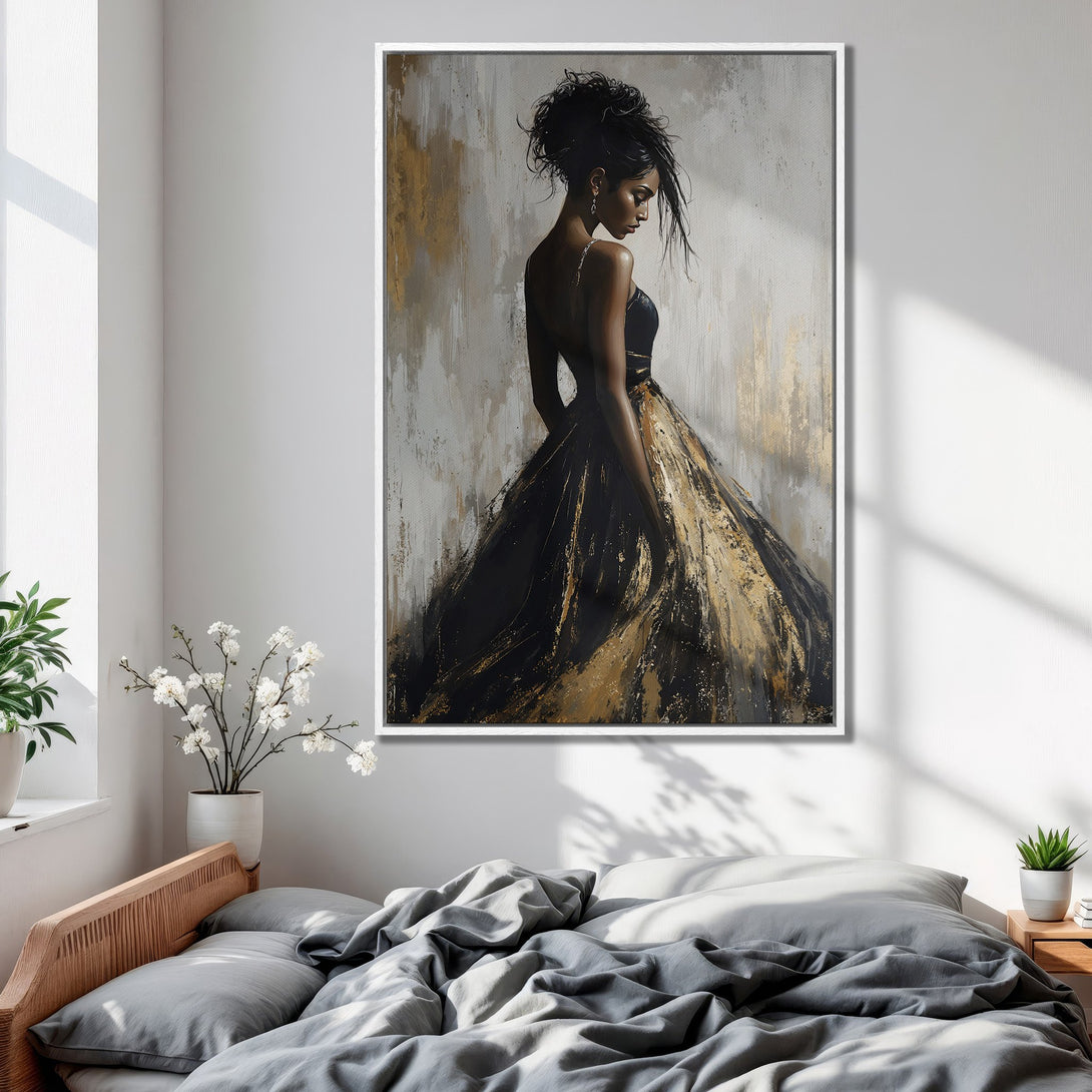 Framed Wall Art: Elegant woman in black & gold dress, abstract style. Perfect bedroom decor. Modern art with neutral color palette.