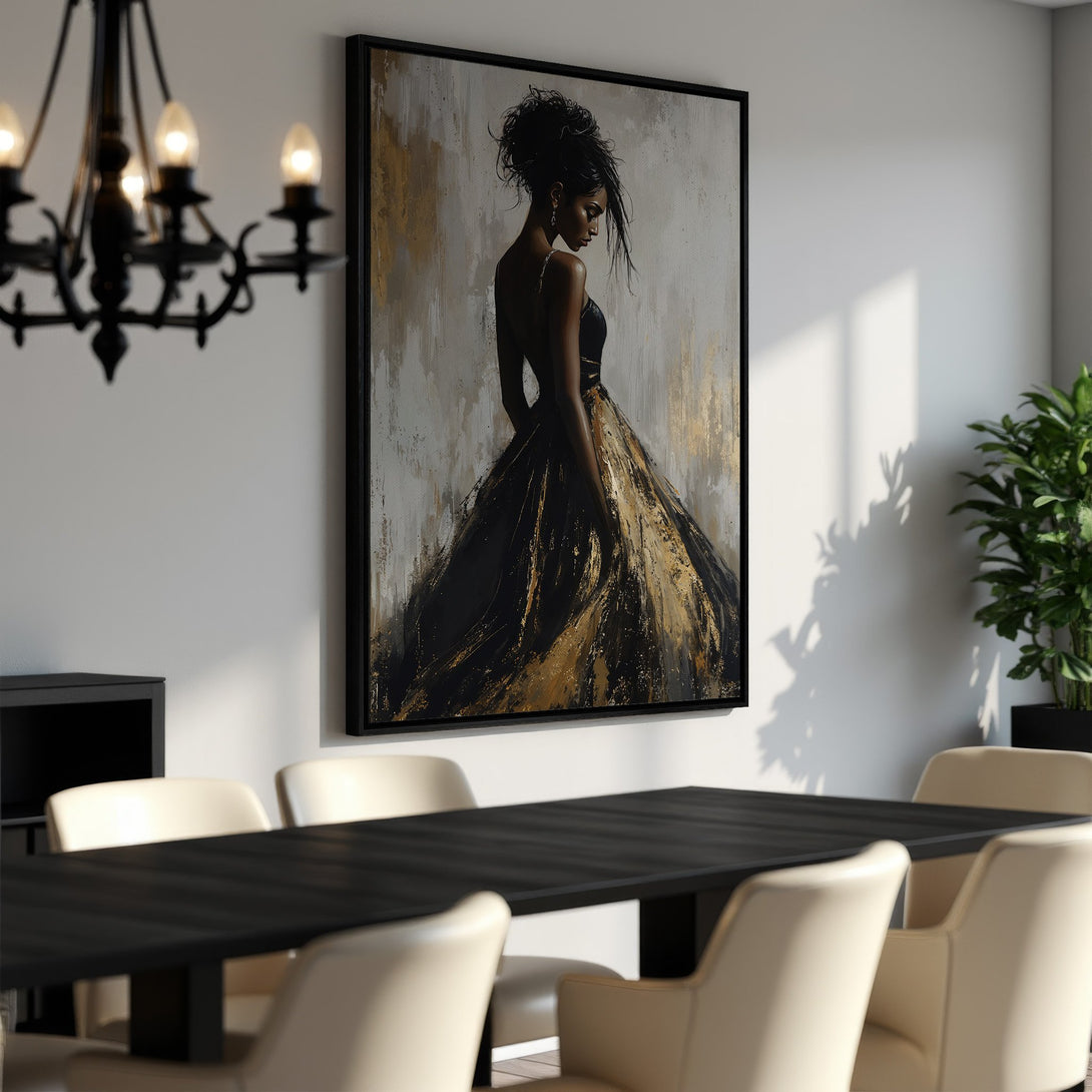 Framed Wall Art: Elegant woman in black & gold gown. Abstract style, neutral & gold color palette. Perfect dining room decor.