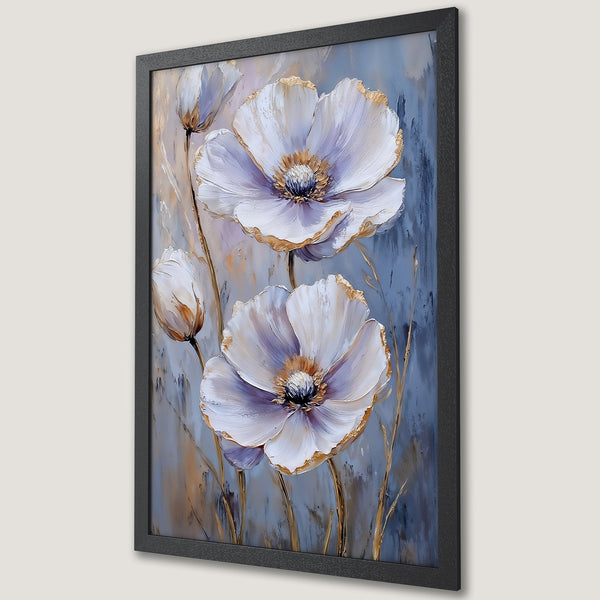 Framed Poster featuring white floral art with gold accents on a blue and neutral palette, perfect for home decor.