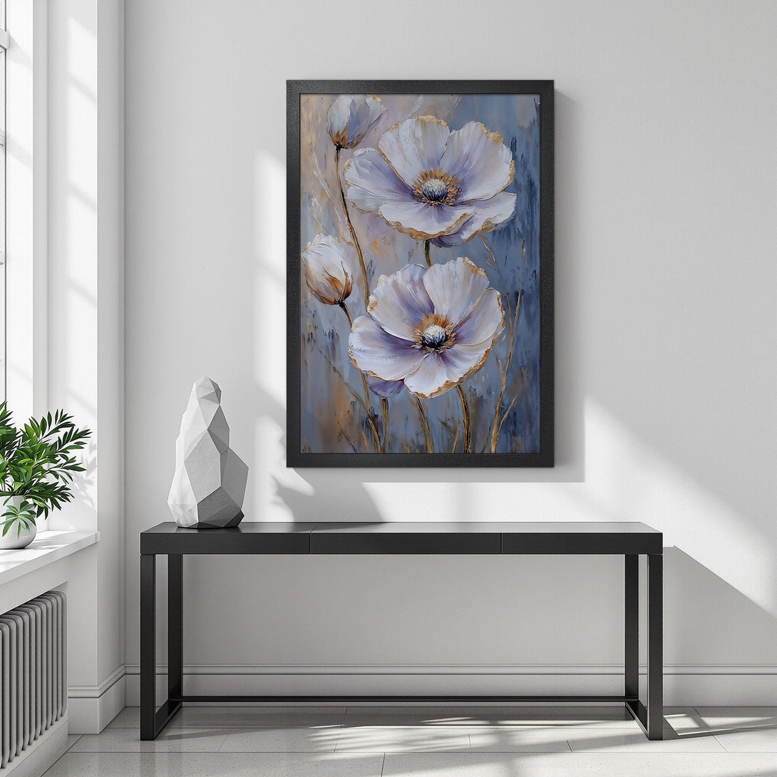 Framed Poster featuring elegant white flower art with gold accents on a blue & neutral color palette. Perfect wall decor!