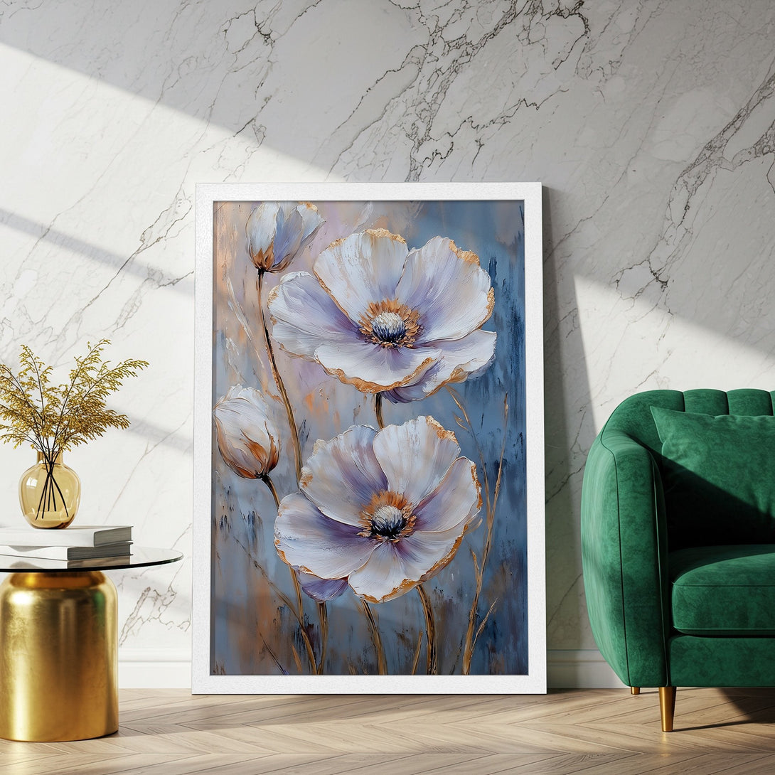 Framed Poster featuring elegant white floral art, soft pastel color palette, perfect for home decor.