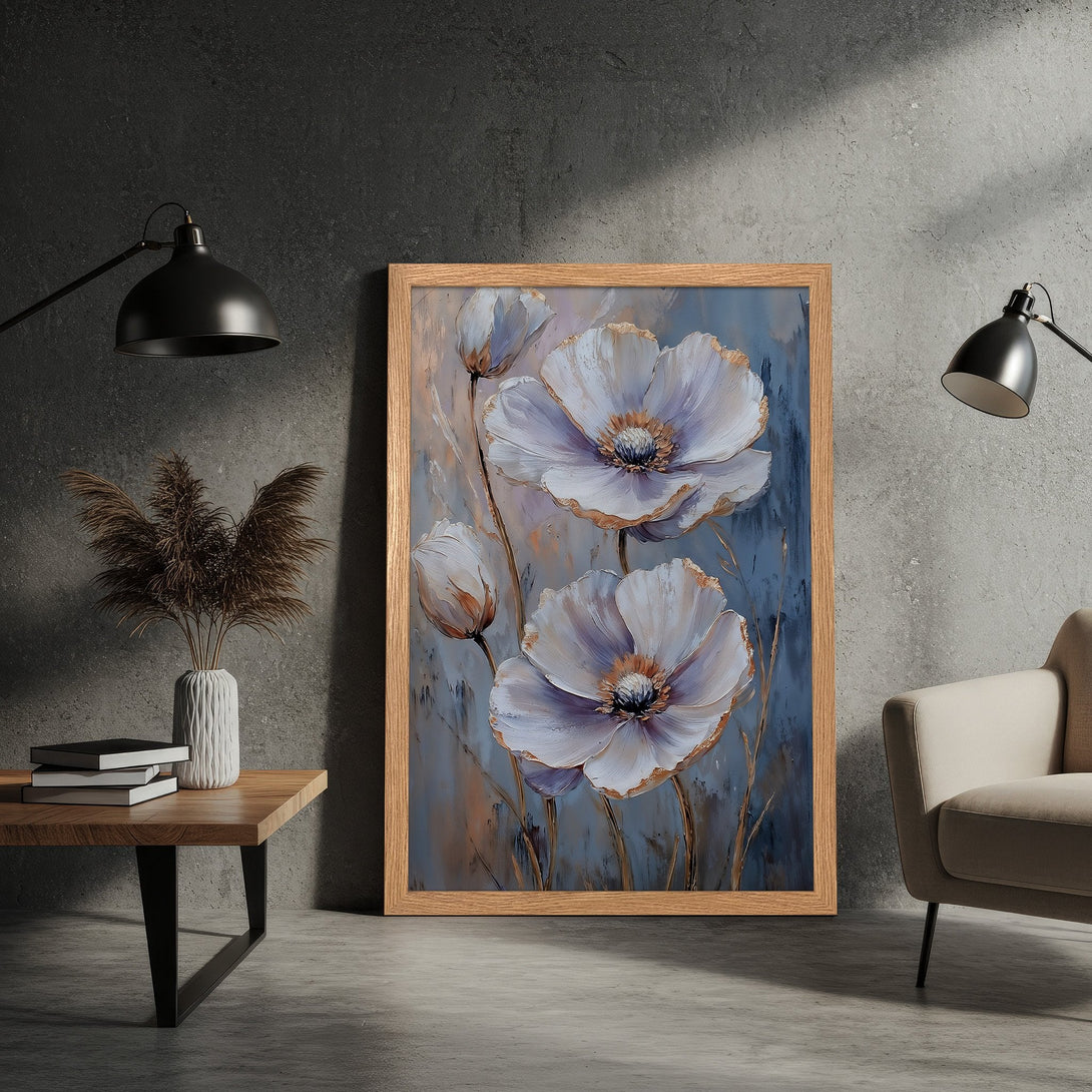 Framed Poster featuring a floral oil painting in a soft blue and gold color palette. Perfect wall art for any room!