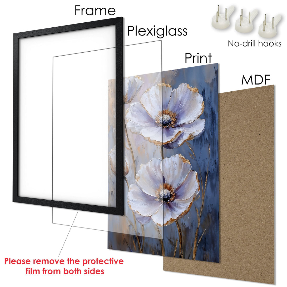 Framed Poster featuring elegant white floral art with gold accents on a blue and neutral color palette. Perfect wall decor!