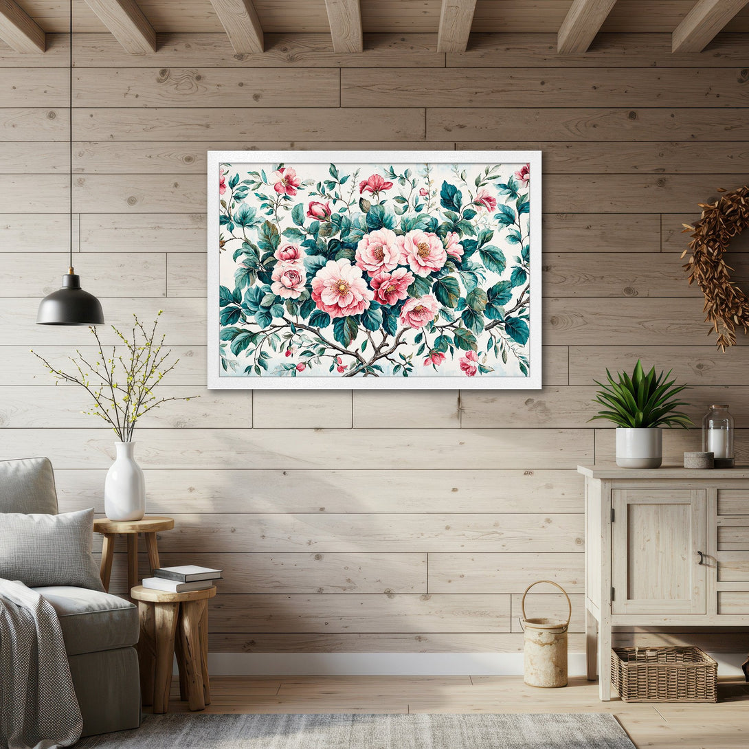 Framed Poster featuring watercolor floral art with pink and teal tones, perfect for adding a touch of elegance to your home decor.