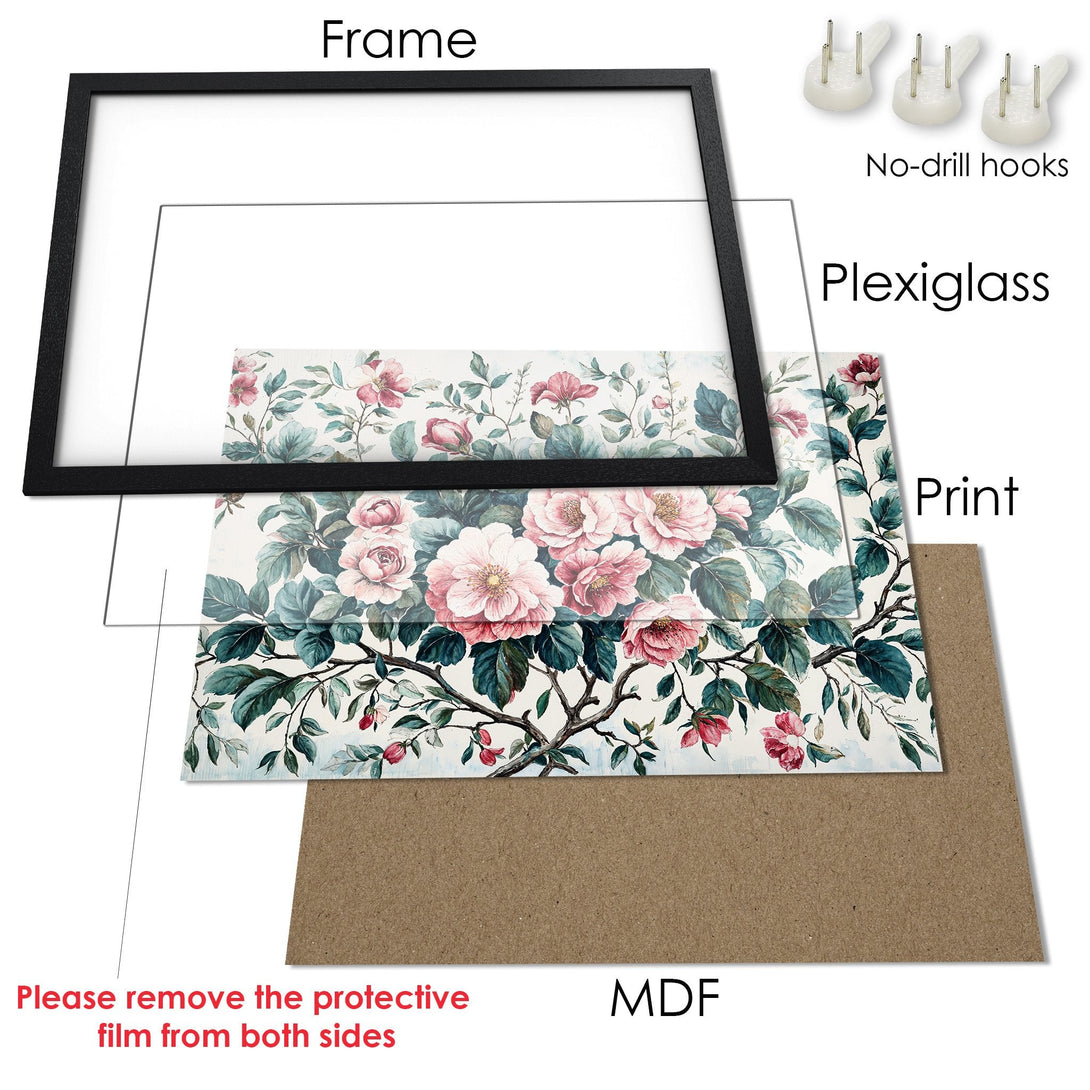 Framed Poster with floral art, featuring pink and green watercolor design. Perfect wall decor for any room!