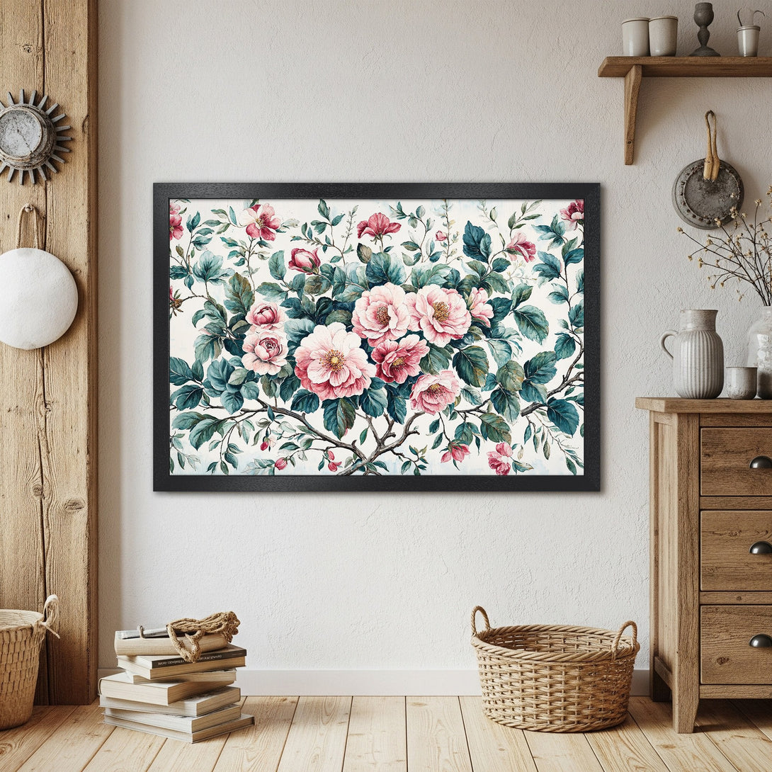 Framed Poster featuring watercolor floral art. Pink and teal hues on a neutral background. Perfect wall decor!