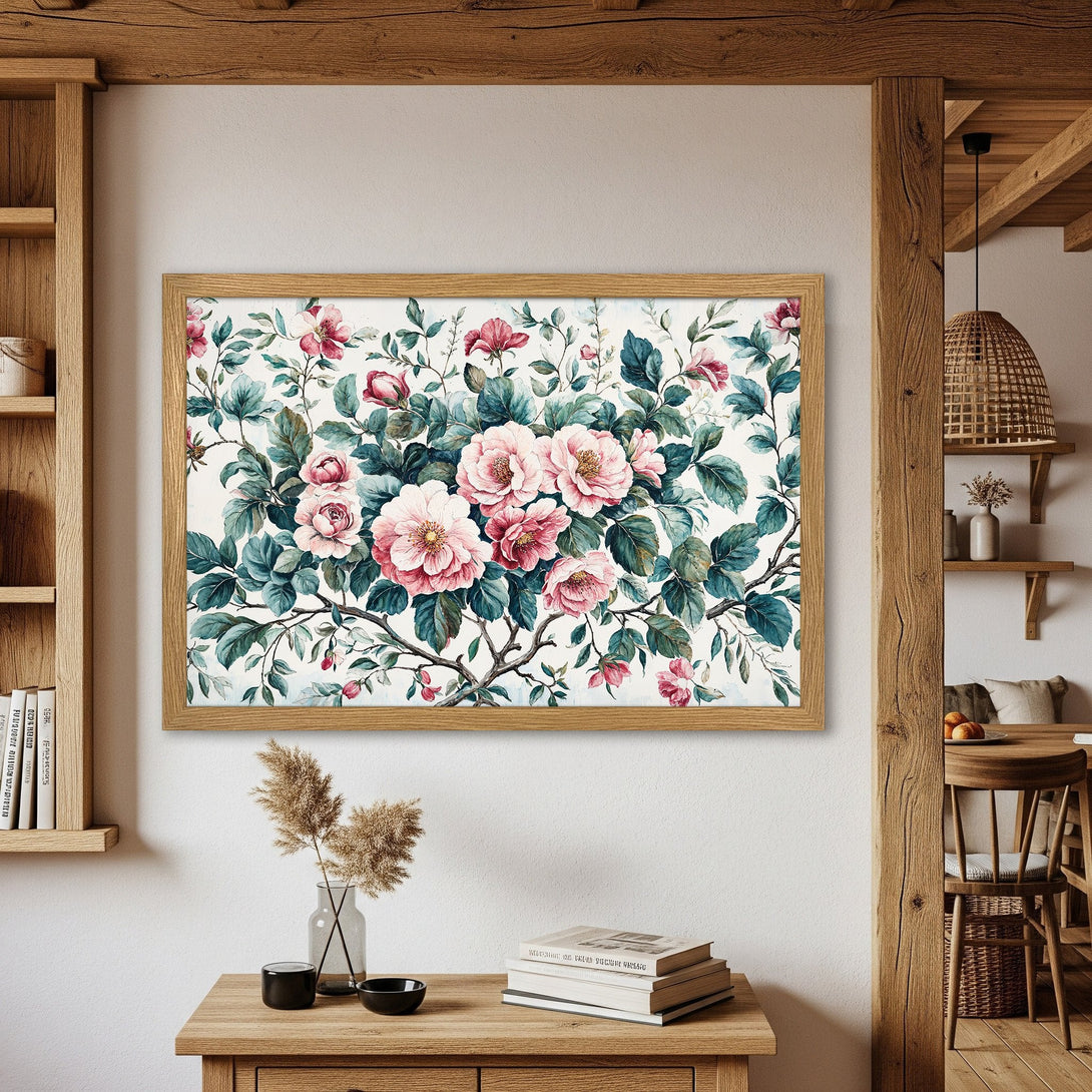 Framed Poster featuring watercolor floral art. Pink, green, and white color palette. Perfect wall decor for a touch of elegance and nature.