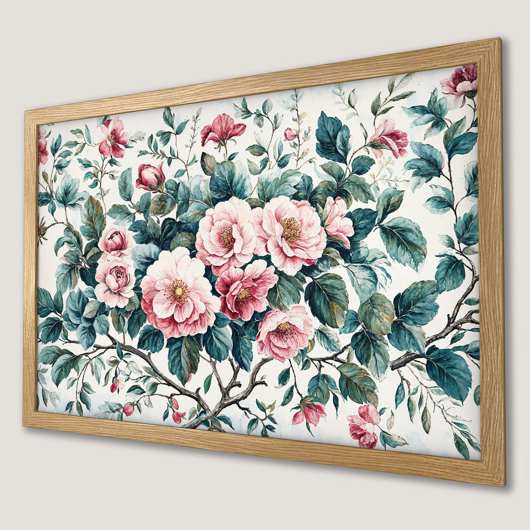 Framed Poster featuring watercolor floral art with pink roses and teal leaves. A beautiful botanical print for home decor.
