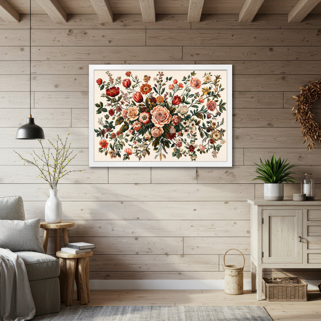 Framed Poster featuring a vintage floral arrangement in warm reds, oranges, and greens. Perfect for adding a touch of rustic charm to your space!