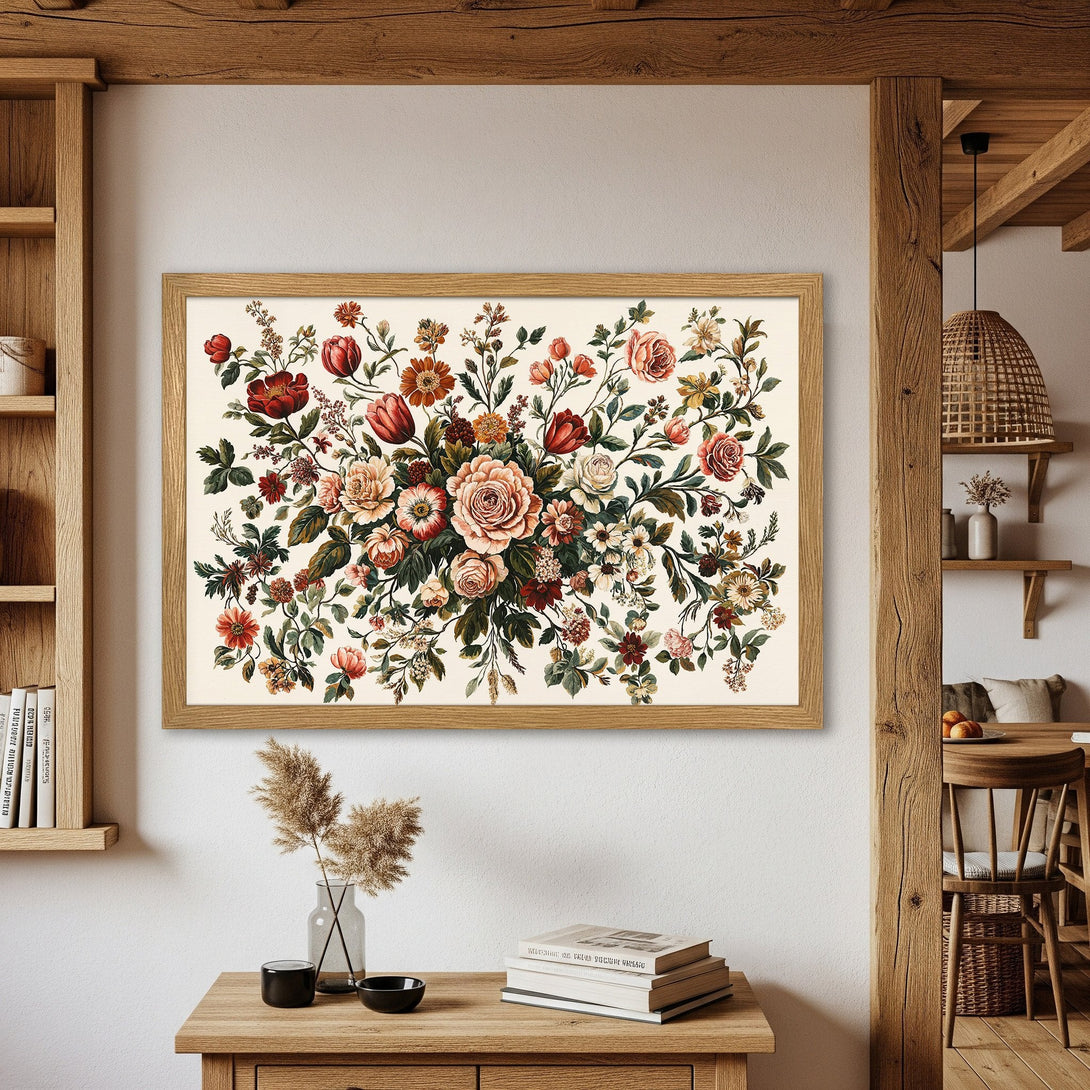 Framed Poster featuring a vintage floral bouquet in warm, earthy tones. Perfect wall art for a cozy, rustic home.