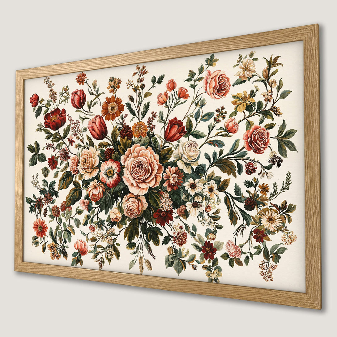 Framed Poster featuring a floral botanical design in warm red, peach, and green tones. Perfect wall art!