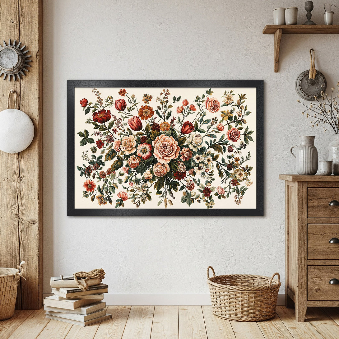 Framed Poster featuring a floral bouquet in a vintage style with a warm, earthy color palette. Perfect wall art!