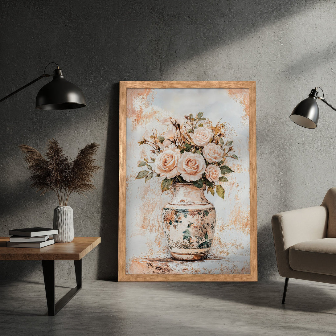 Framed Poster featuring a floral still life in a vintage style. Soft pastel color palette adds elegance to any space. Perfect wall art!