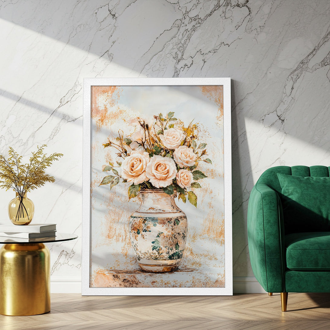 Framed Poster featuring a floral still life in a vintage style with a warm, neutral color palette. Perfect wall art for any room!