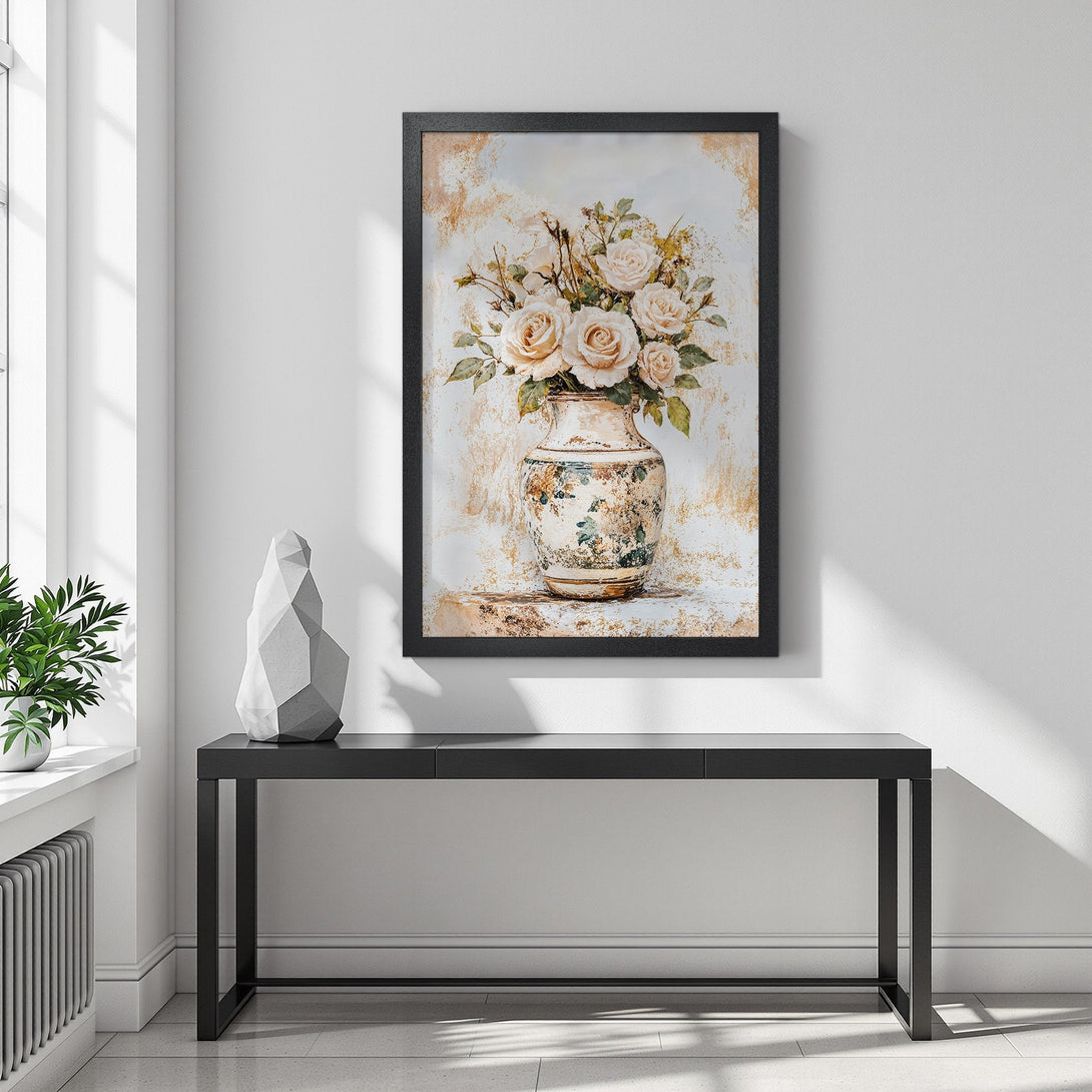 Framed Poster featuring a floral still life. Soft, neutral color palette with cream and gold tones. Perfect wall art for any space.