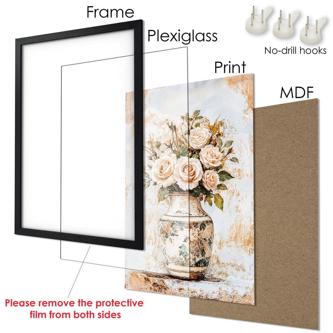 Framed Poster featuring a floral still life in a vintage style with a neutral color palette. Perfect wall art!