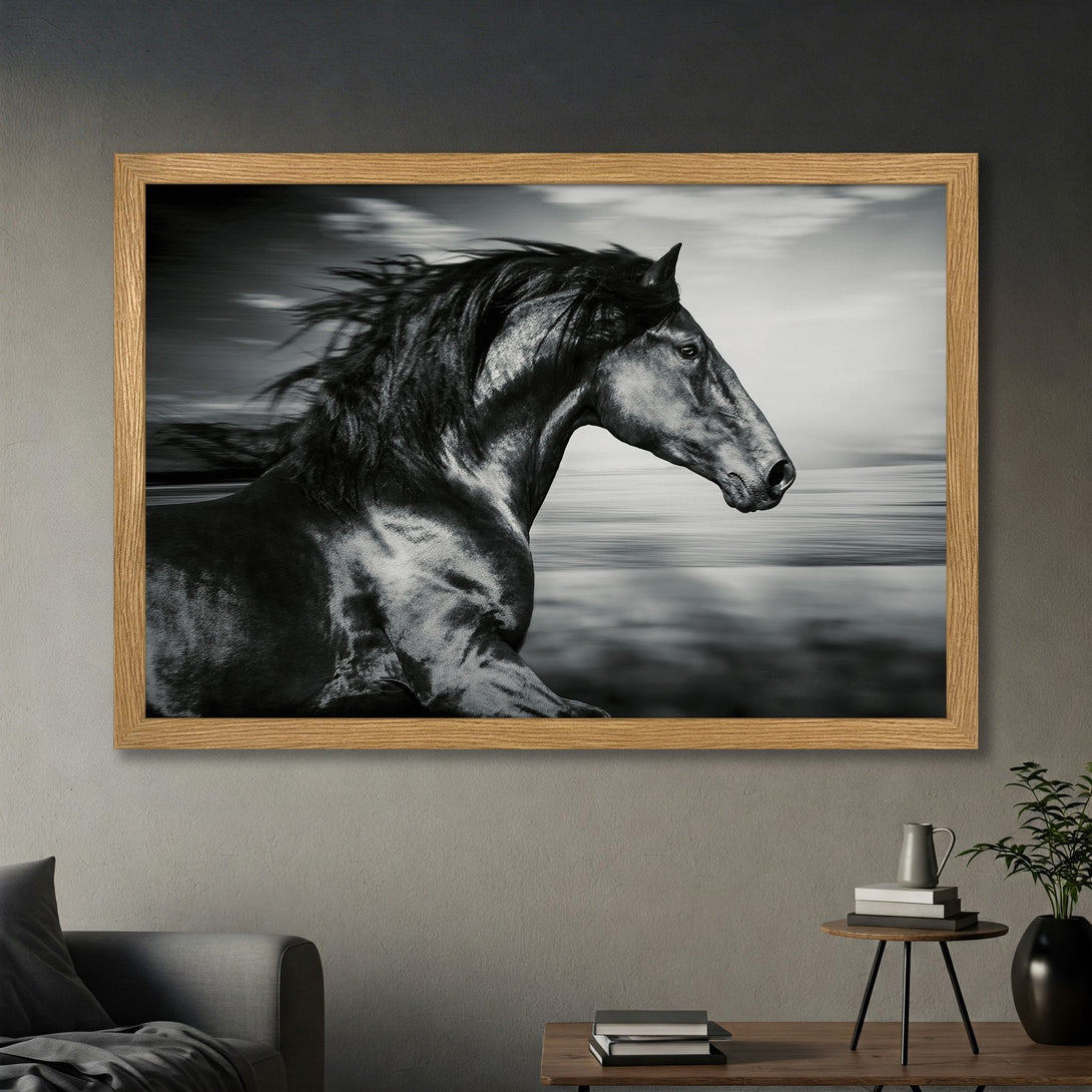 Framed Poster of a majestic black horse in motion. Stunning monochrome art print, perfect for modern decor.