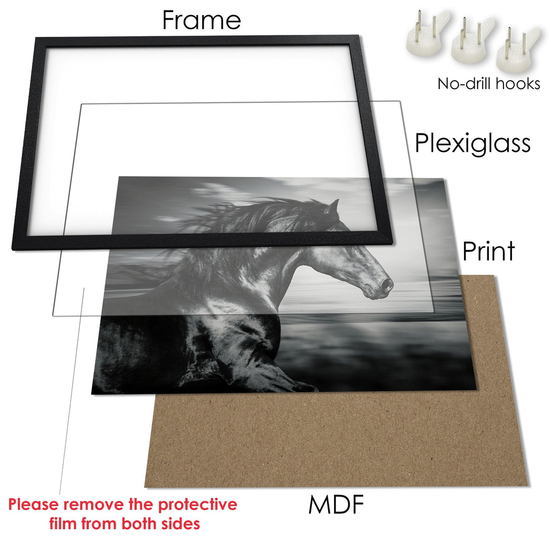 Framed Poster featuring a majestic horse in grayscale. Elegant, minimalist style. Perfect wall art!