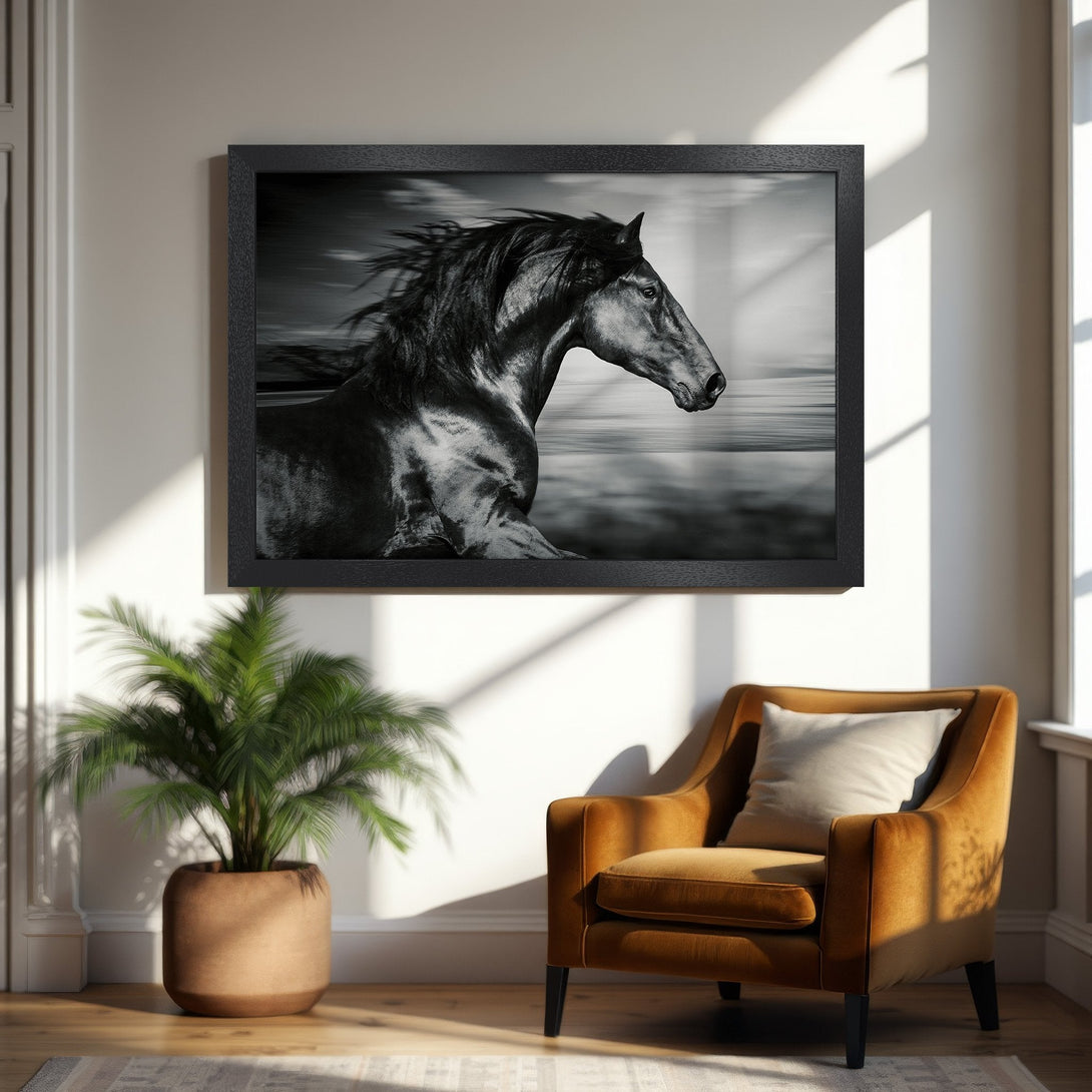 Framed Poster of a powerful black horse in monochrome. Elegant wall art for your home.