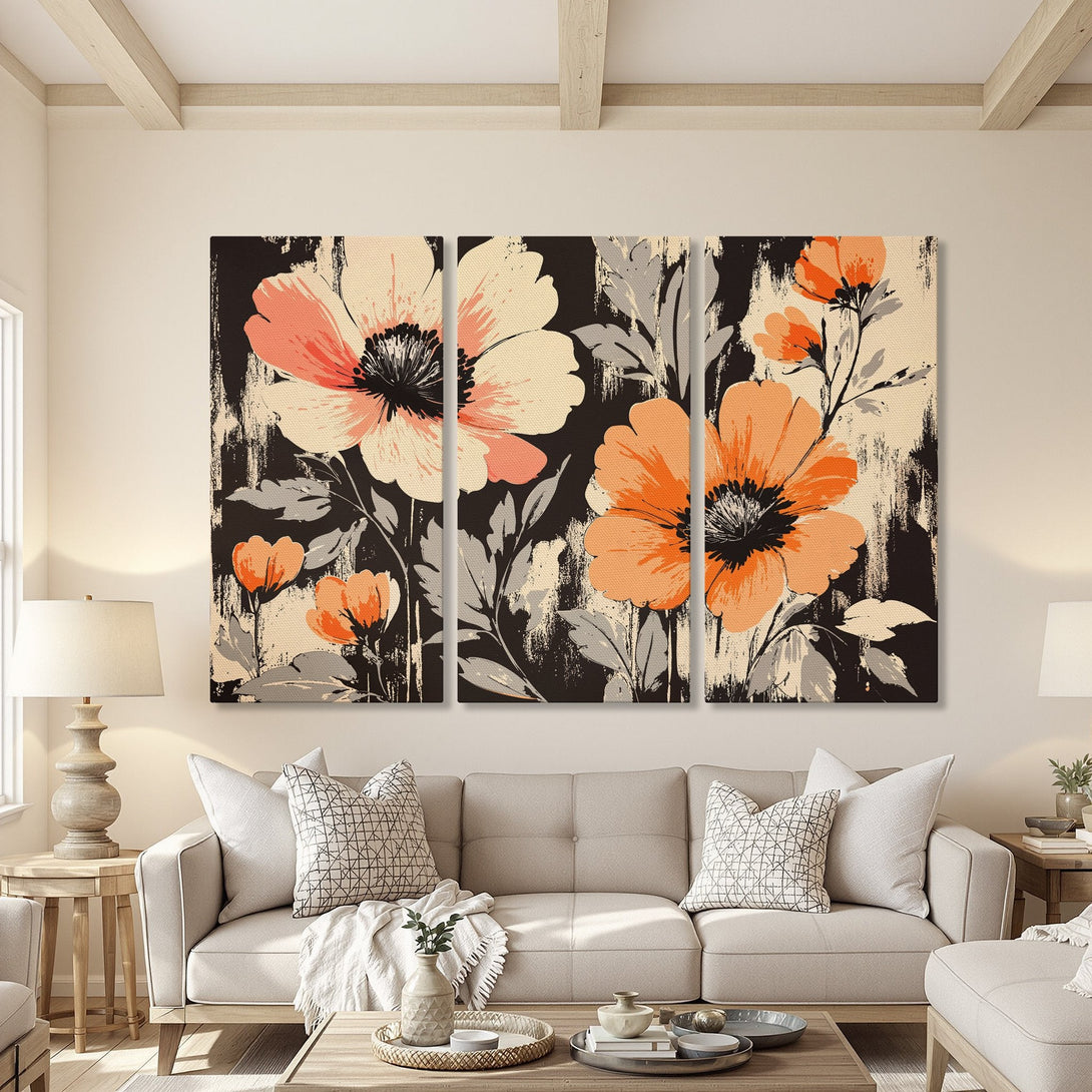 Canvas Print triptych featuring abstract floral art in coral, cream, and gray. Modern wall decor adds a stylish pop of color to any living room.