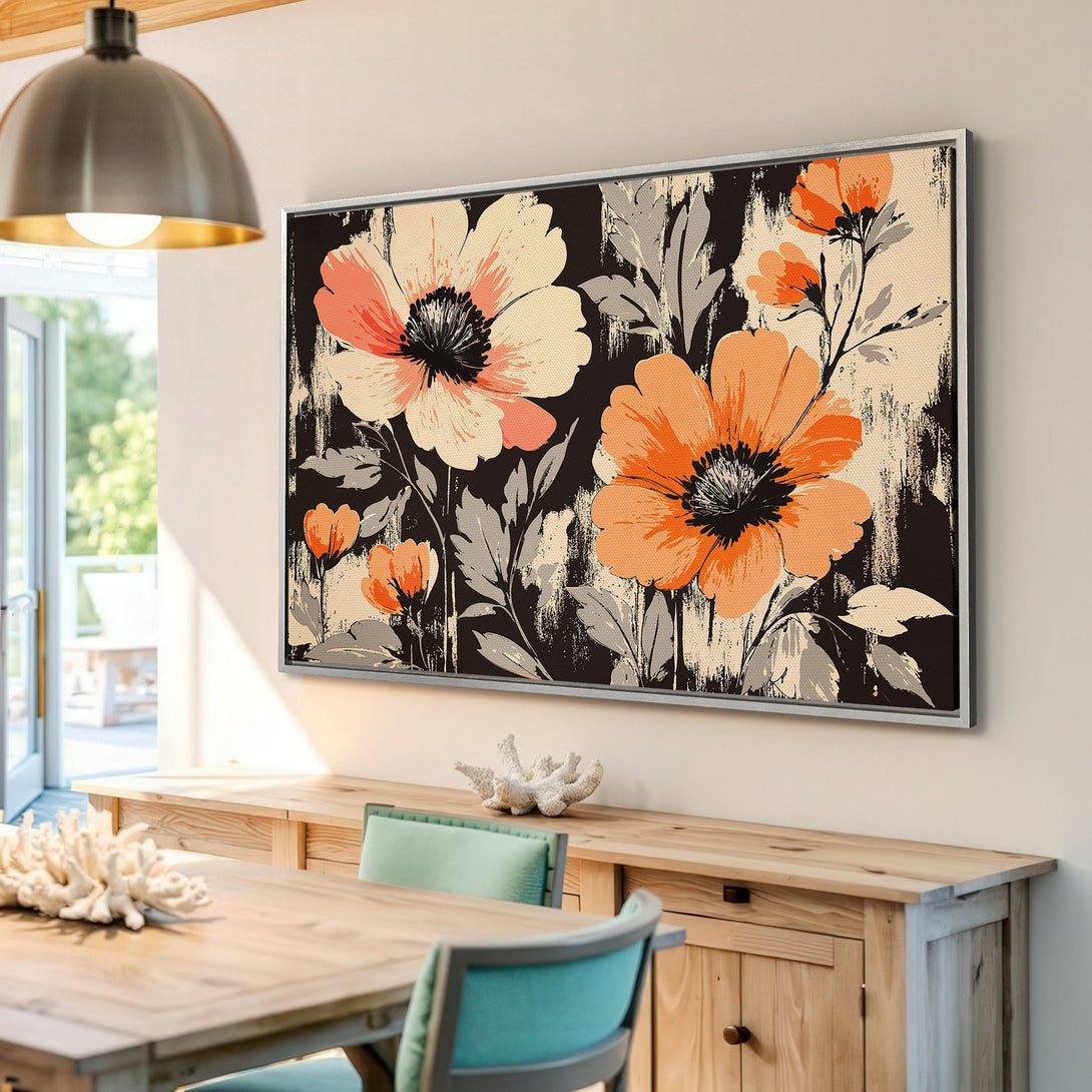 Framed Wall Art: Abstract floral canvas print in orange, cream, and gray tones. Modern art for home decor, adds a pop of color.