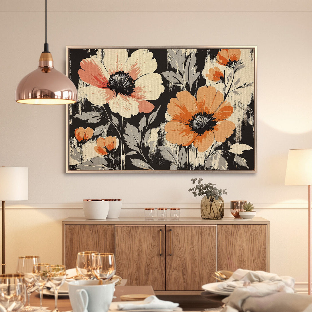 Framed Wall Art: Floral canvas print in warm peach and black. Modern botanical art for living room or dining room decor.