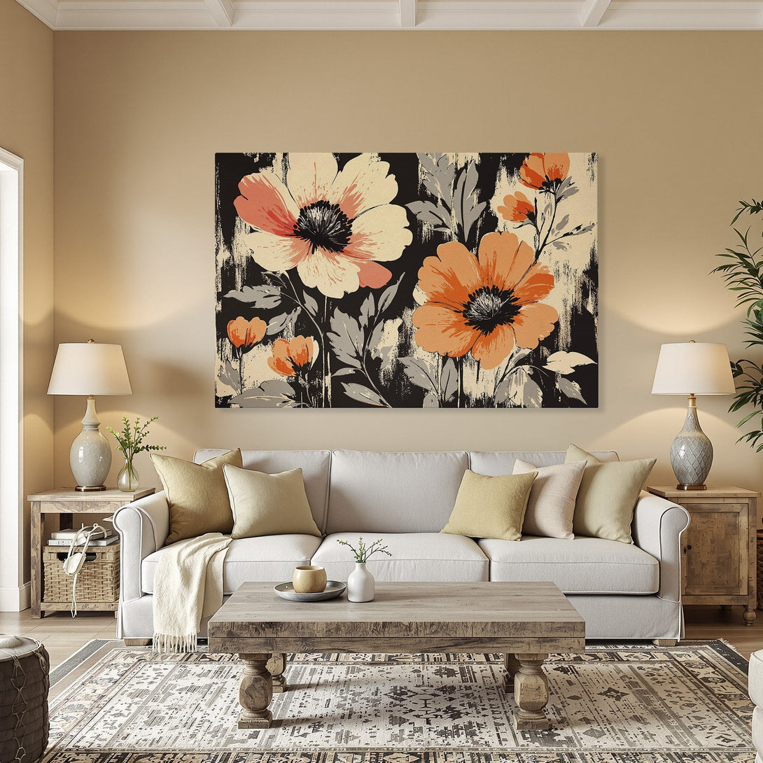 Framed Wall Art featuring vibrant floral design in orange, black, and cream. Modern canvas print adds a pop of color to any interior.