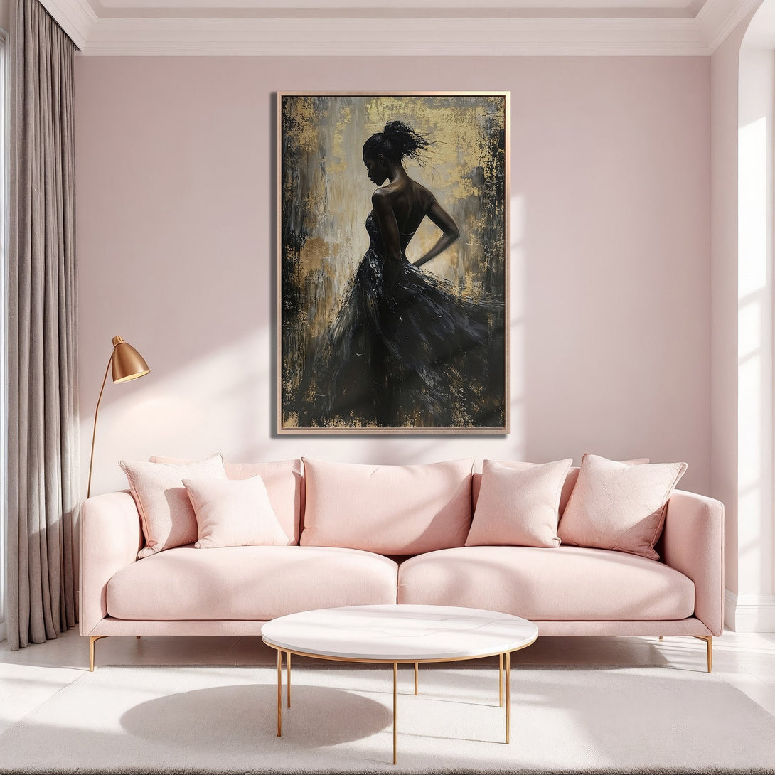 Framed Wall Art: Elegant black dress silhouette on gold & grey abstract background. Modern Canvas Print for stylish home decor. Soft pink color palette.