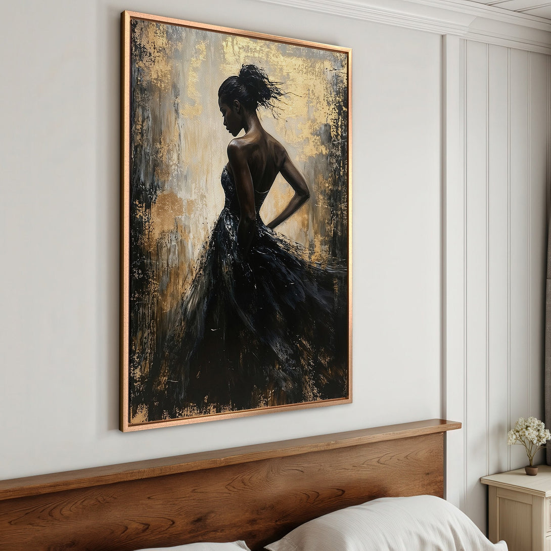 Framed Wall Art: Elegant woman in a black dress, abstract gold and black painting. Perfect for bedroom decor. Modern art with a luxurious feel.