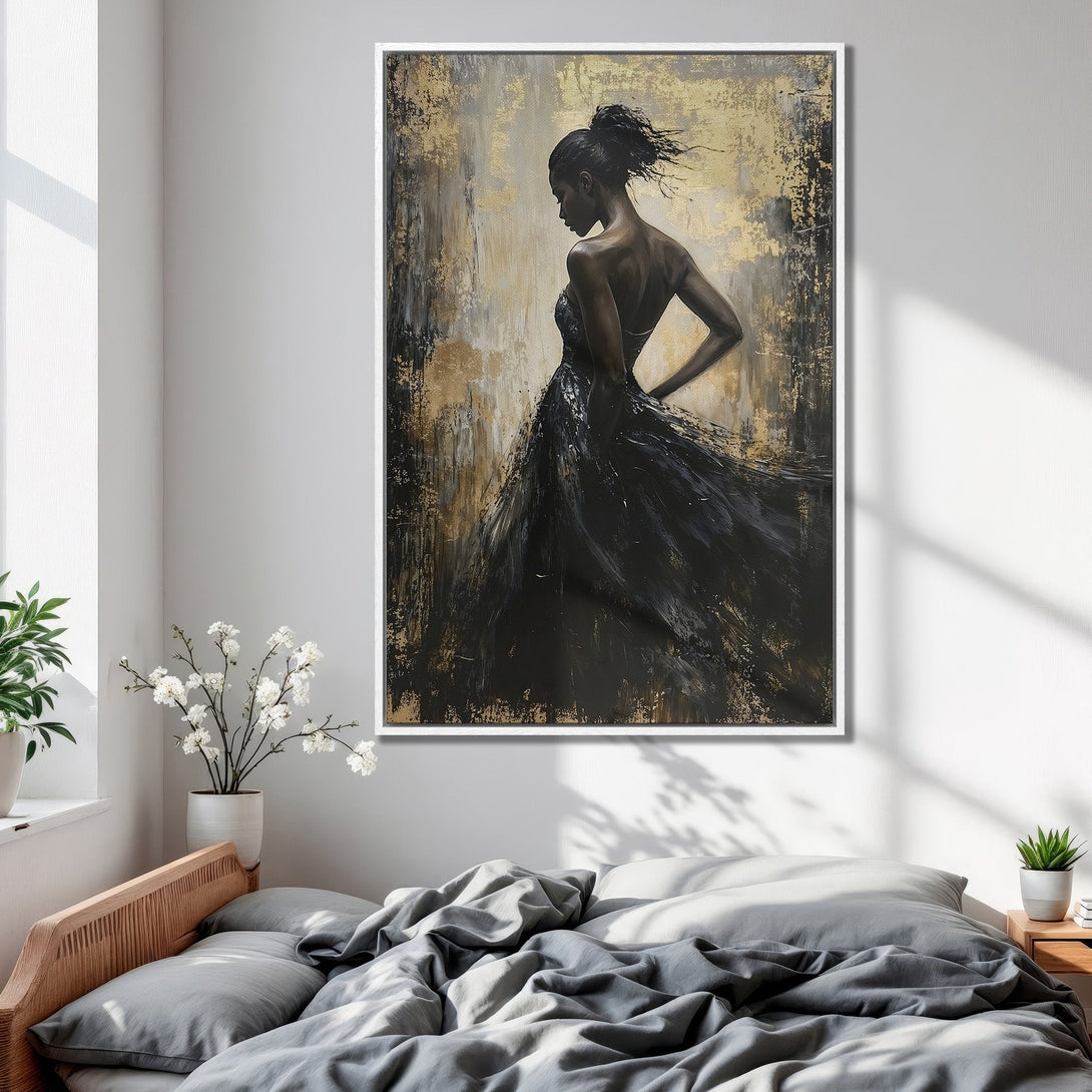 Framed Wall Art: Elegant woman in black dress, abstract gold & charcoal painting. Adds sophistication to any bedroom. Modern art with a neutral color palette.