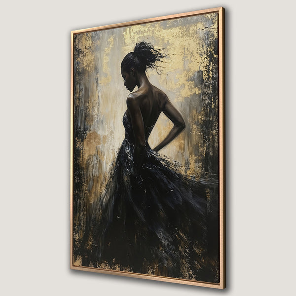 Framed Wall Art featuring an elegant woman in a black dress. Abstract art style with a gold, black, and neutral color palette. Perfect for luxury home decor.