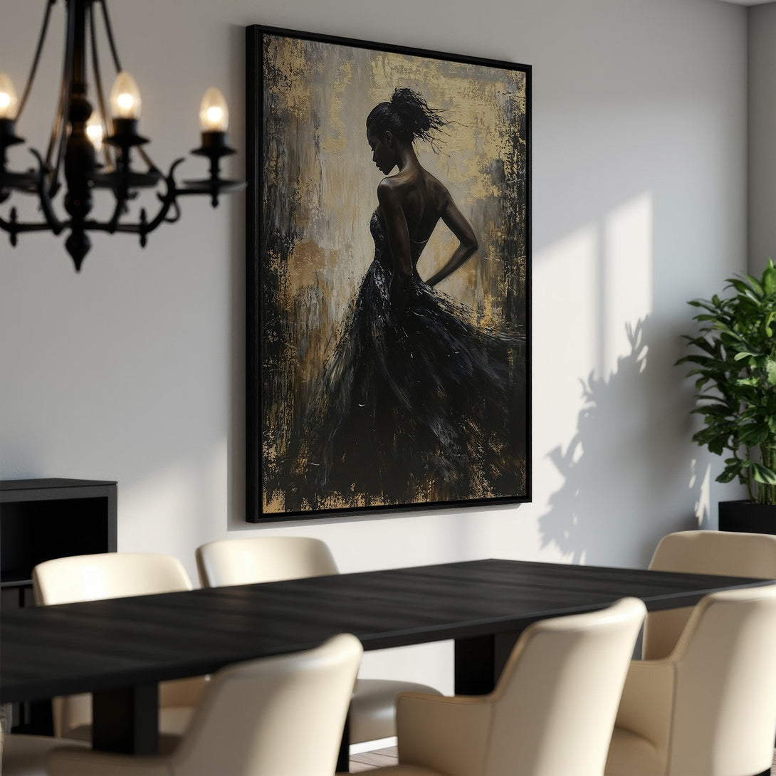 Framed Wall Art featuring an elegant woman in a black dress, abstract style. Gold, black & neutral color palette. Perfect for dining room decor.
