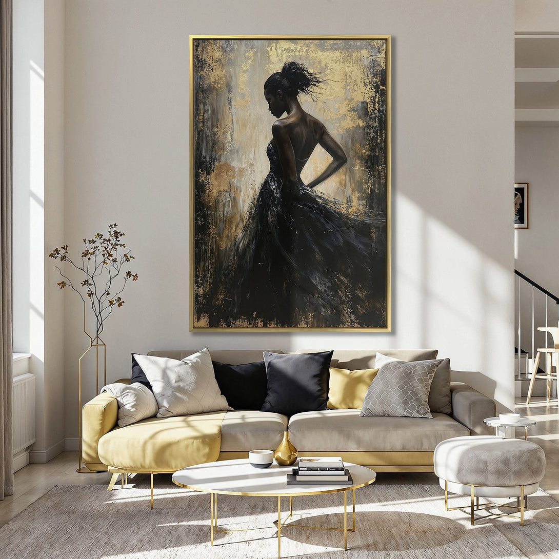 Canvas Print of a woman in a black dress, abstract style, with a gold and black color palette. Perfect wall art for a stylish home.