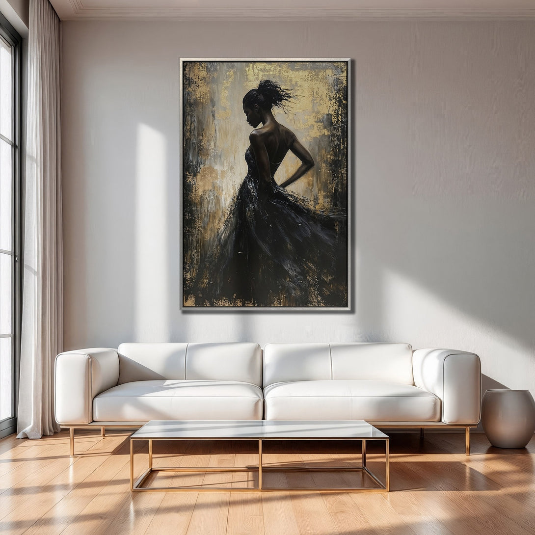 Framed Wall Art: Abstract painting of a woman in a black dress, gold and black color palette. Modern art for your home.