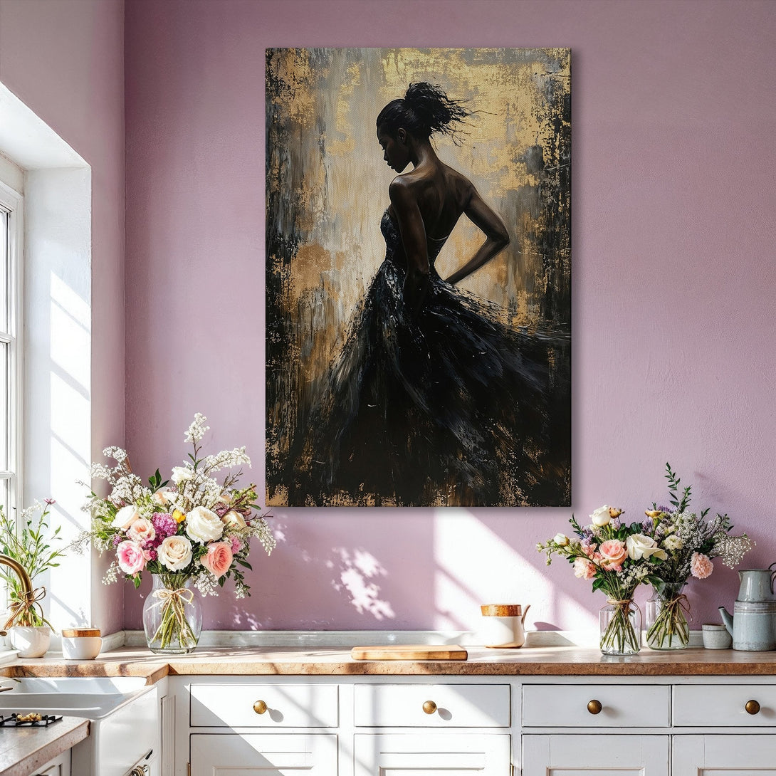 Framed Wall Art: Elegant woman in black dress, abstract style, gold & black color palette. Perfect for modern home decor. Shop Canvas Prints now!