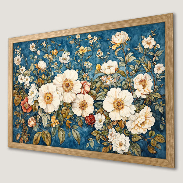 Framed Poster featuring watercolor floral art with white and yellow blooms on a blue background. Elegant botanical print for home decor.