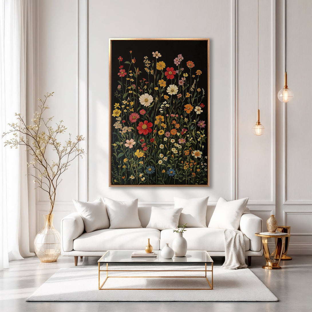 Framed Wall Art: Colorful wildflower canvas print in a modern living room. Features a black background with vibrant blooms, perfect for home decor.