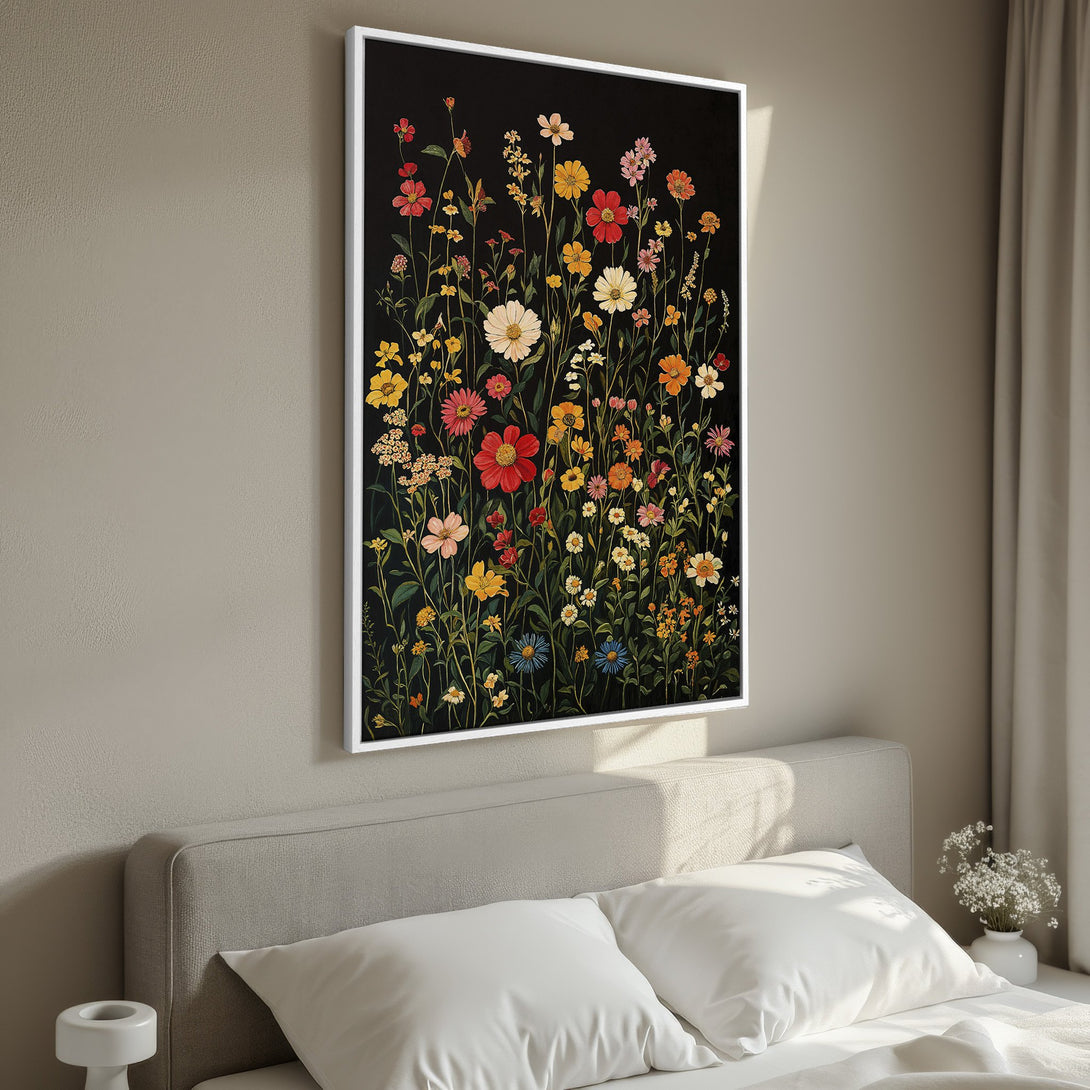 Framed Wall Art: Vibrant floral Canvas Print with colorful wildflowers on a black background. Adds a touch of nature and elegance to any room.